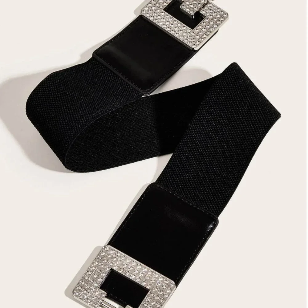 Silver/Black Square Rhinestone Stretch Belt